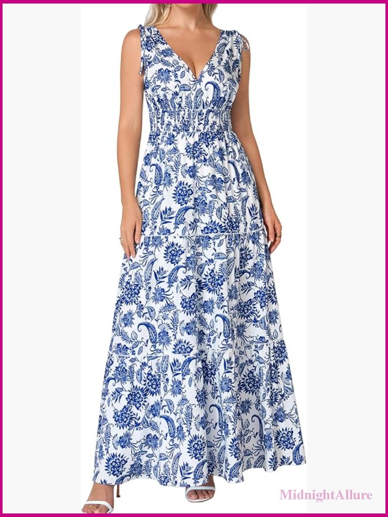 Women's Flowy Boho Maxi Sundress With Smocked Waist